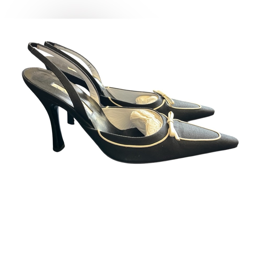 Vintage Oscar de La Renta Black linen Slingback Heels #42177